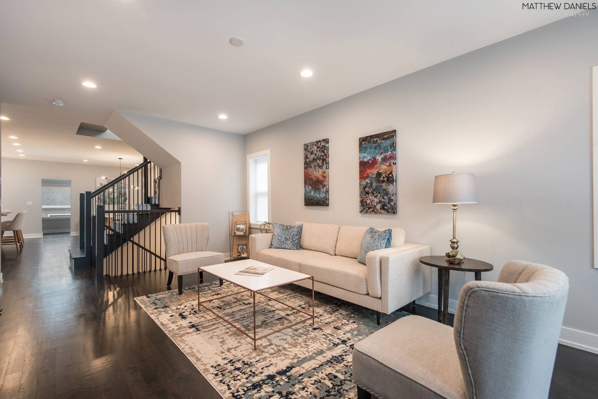 Warm staged living room interior