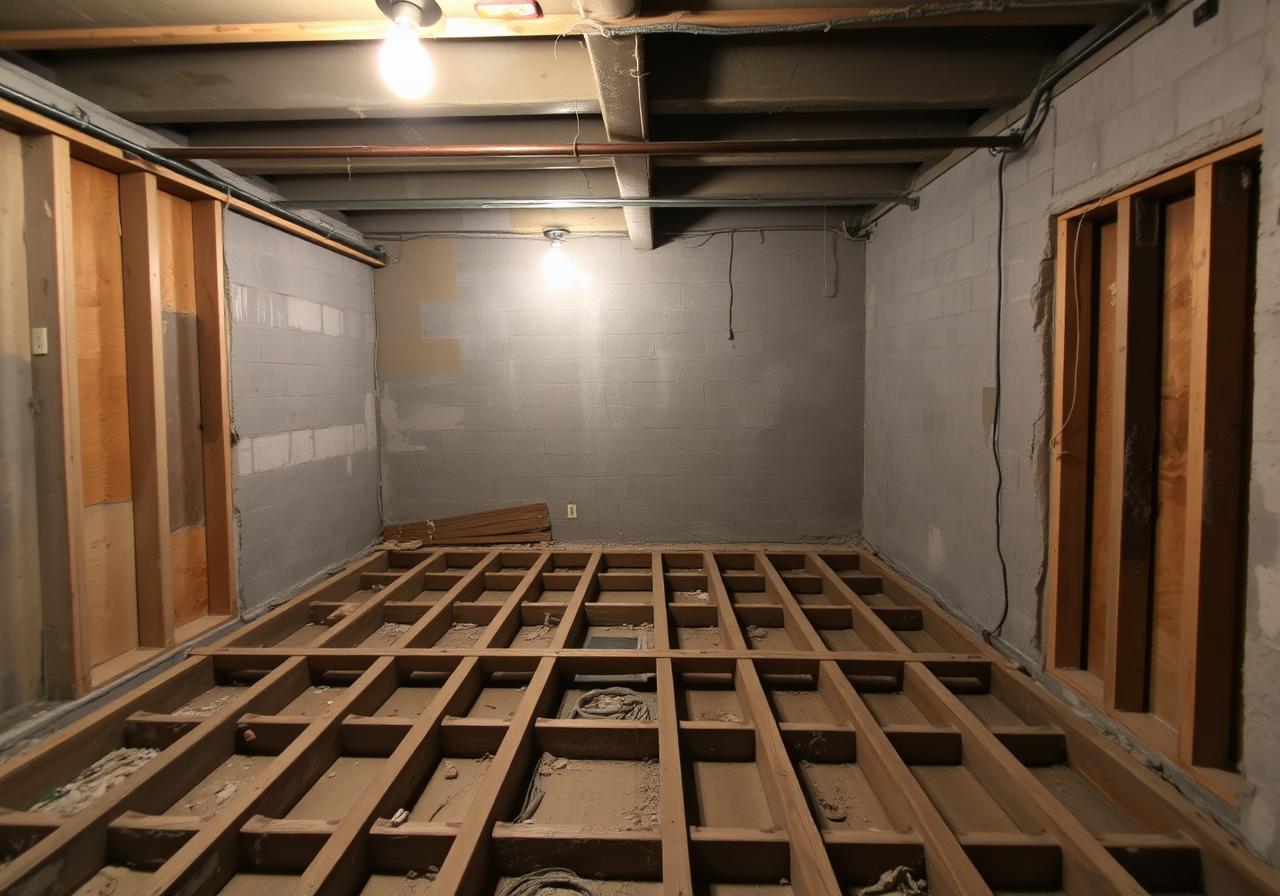 Basement before BAKO renovation — exposed joists and concrete